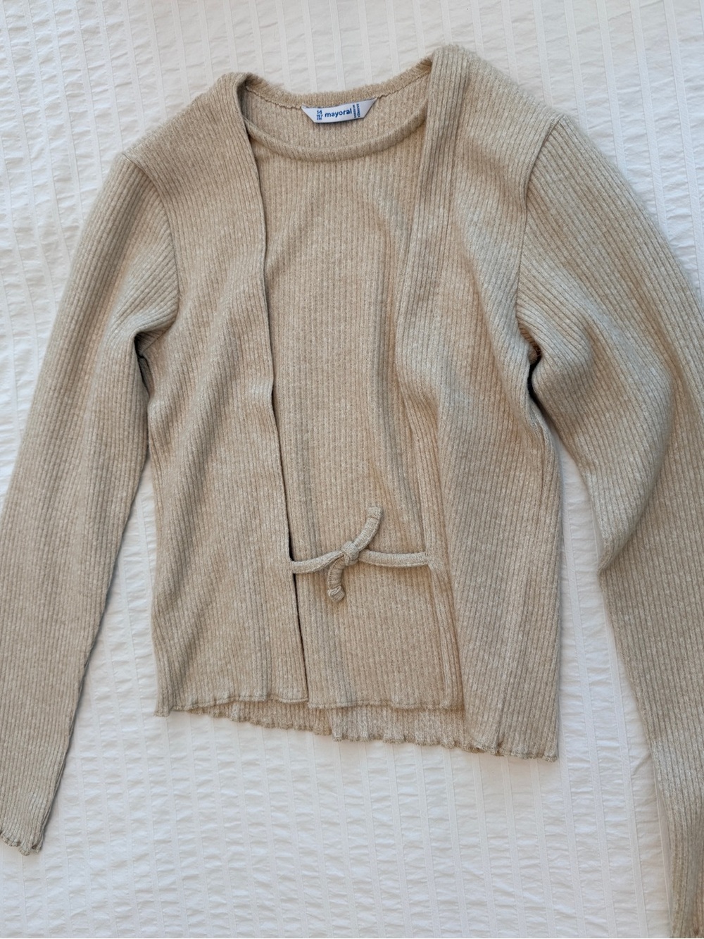 Mayoral Beige/Gold Ribbed Tie-Front Girls Cardigan. Size:14